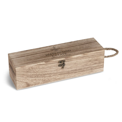 Wooden wine gift box with 'Waterford' branding on a white background