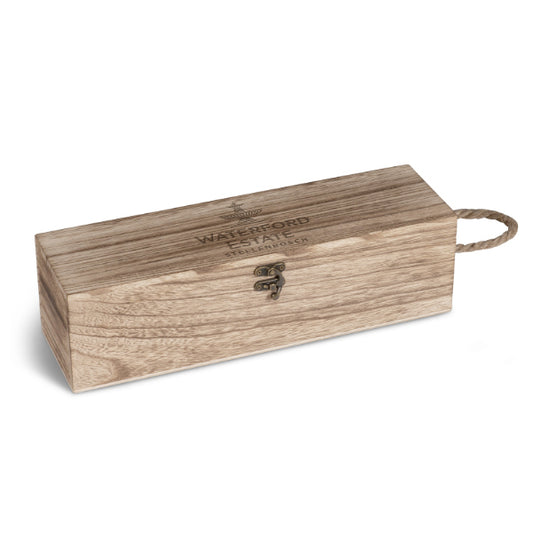 Wooden wine gift box with 'Waterford' branding on a white background