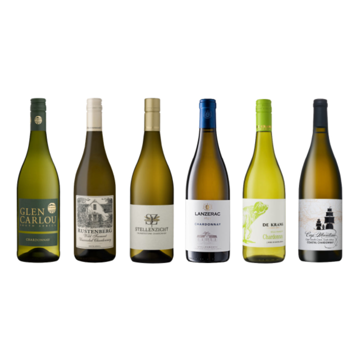 Six bottles of wine from different brands on a white background