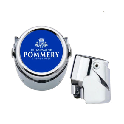 Chrome champagne stopper with custom branding on the top.