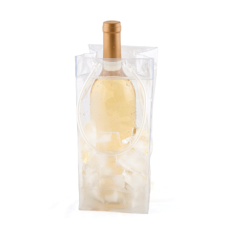 Wine bottle in a clear plastic bag ice bucket on a white background