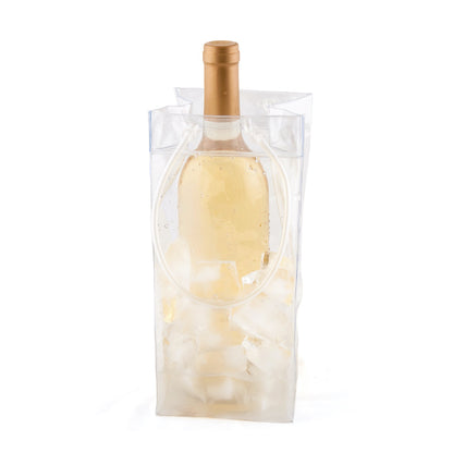 Wine bottle in a clear plastic bag ice bucket on a white background
