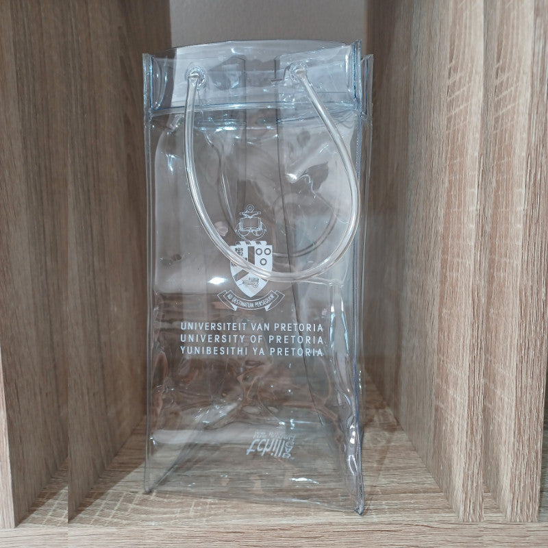 PVC wine bag with custom logo printing on it for University of Pretoria.