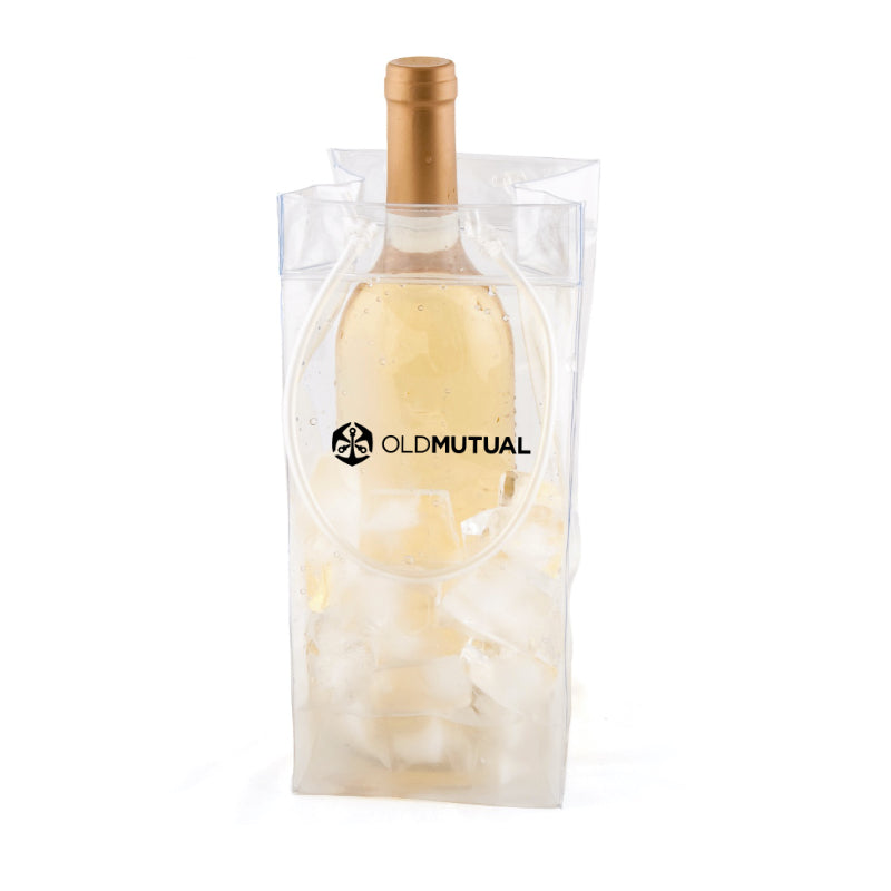 Wine bottle in a clear plastic bag with 'Old Mutual' branding on a white background