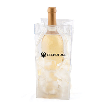 Wine bottle in a clear plastic bag with 'Old Mutual' branding on a white background