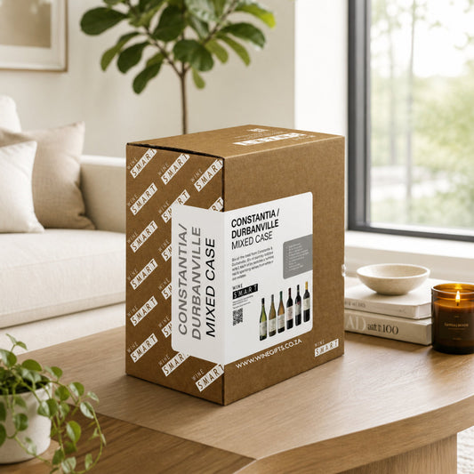 Wine box labeled 'Constantia / Durbanville Mixed Case' on a table in a living room.