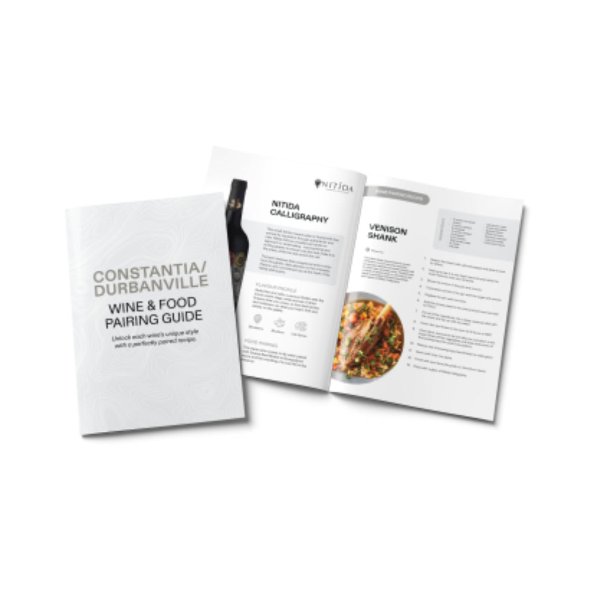 Wine and food pairing guide with a bottle of wine on a white background