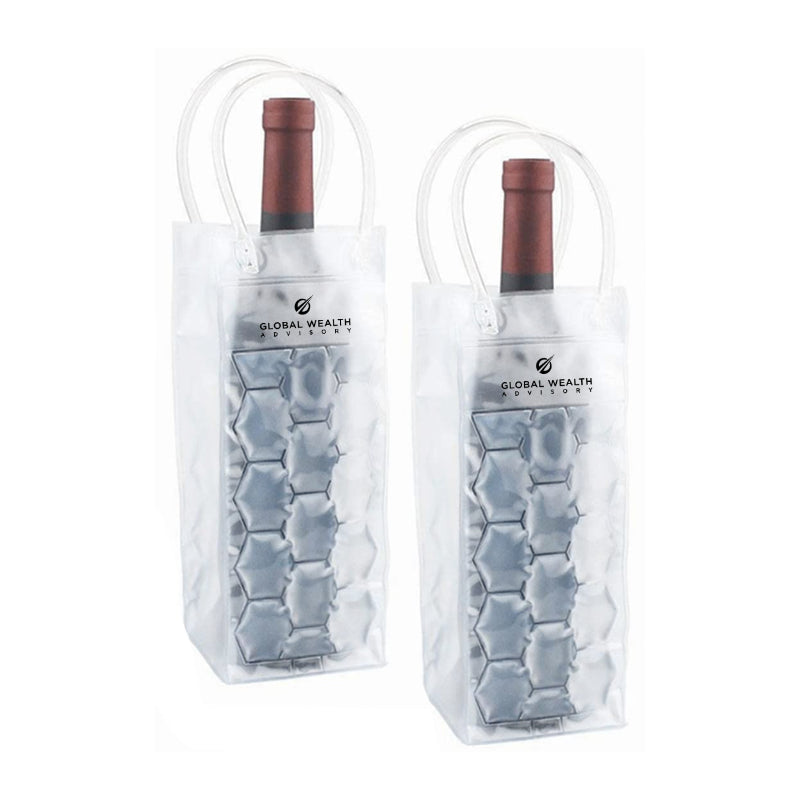 Two clear wine bags with gel pockets and 'Global Wealth' branding on a white background