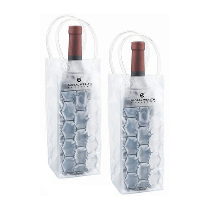 Two clear wine bags with gel pockets and 'Global Wealth' branding on a white background