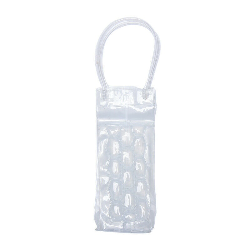 Clear plastic wine bag with a handle on a white background