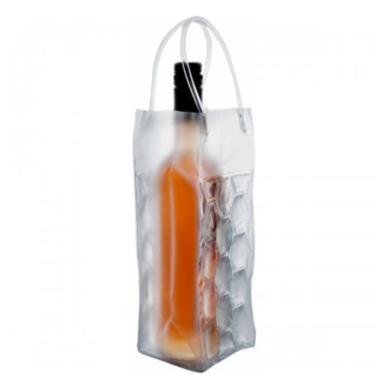 Clear wine freeze gel frosti bag with a bottle inside on a white background