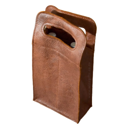 Brown leather wine bottle holder on a white background