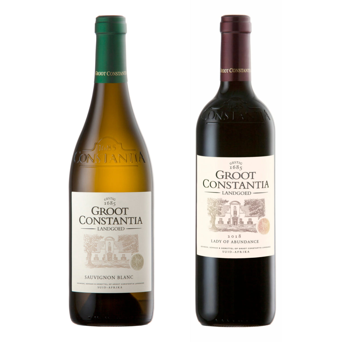 Two bottles of Groot Constantia wine, one white and one red, on a white background.