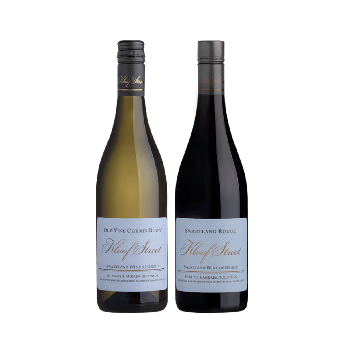Two Kloof Street wine bottles with labels on a white background