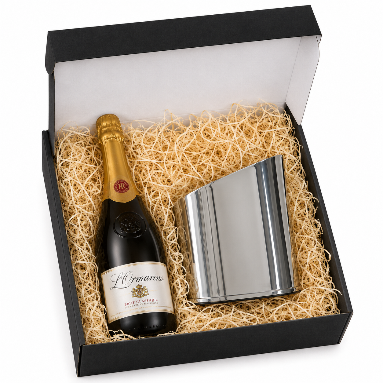 Wine bottle in a black gift box with a stainless steel wine cooler.