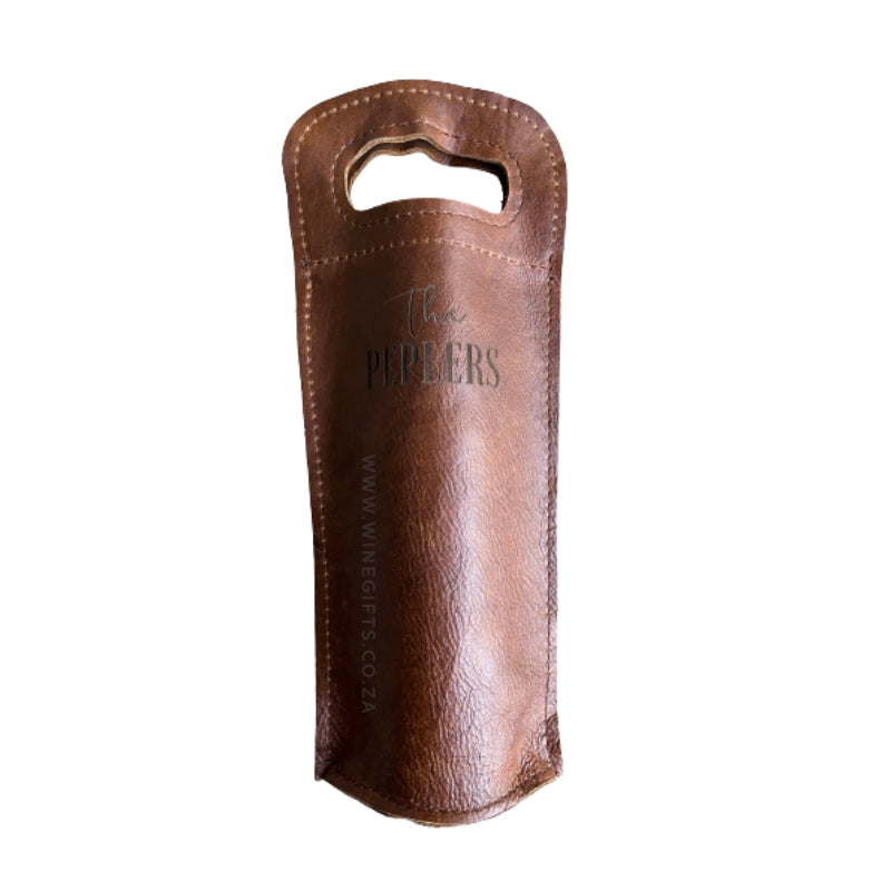 Brown leather wine bottle holder with 'The Peppers' branding on a white background