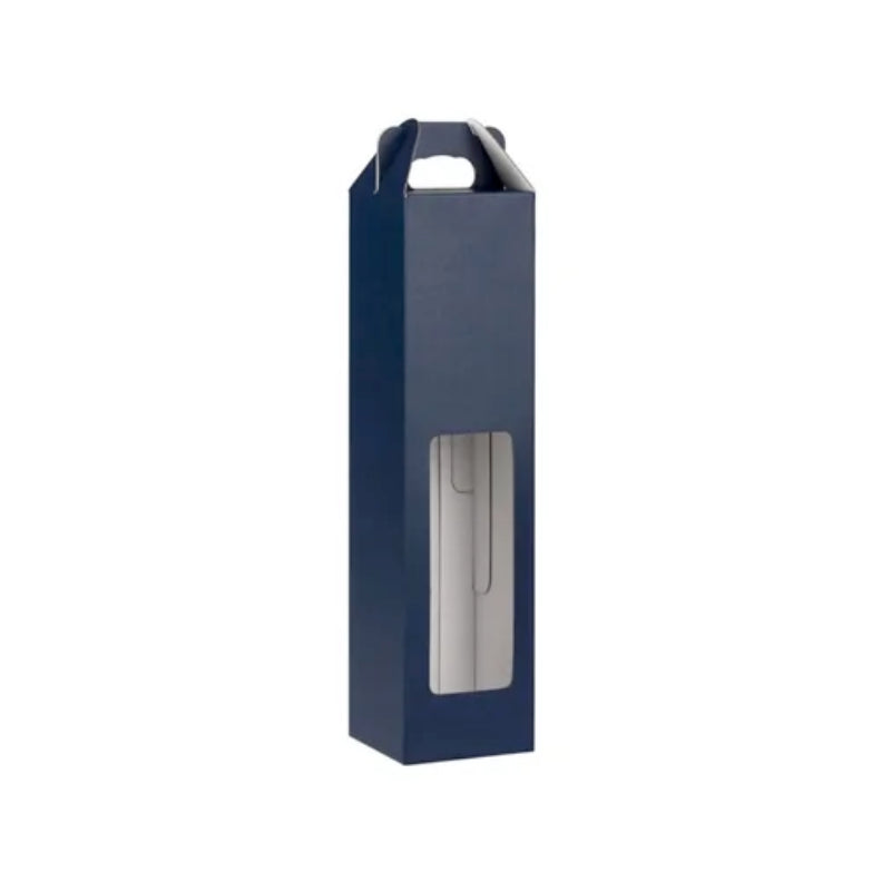 Navy blue wine bottle box with a window on a white background