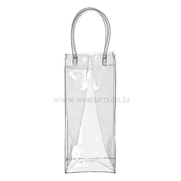 Clear plastic wine bag with handle on a white background
