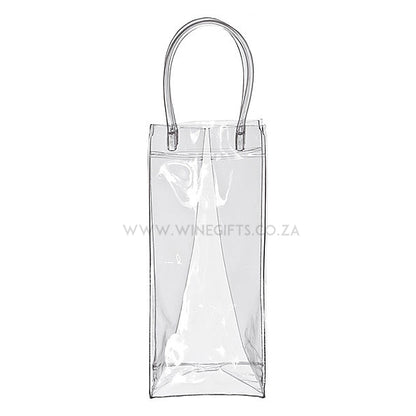 Clear plastic wine bag with handle on a white background