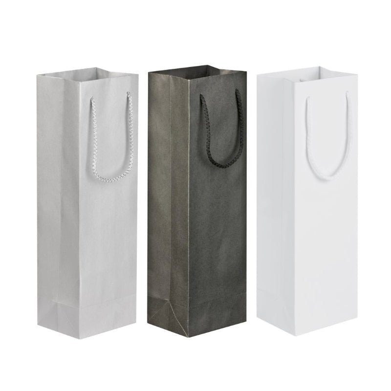 Three tall paper bags in gray, white, and black on a white background