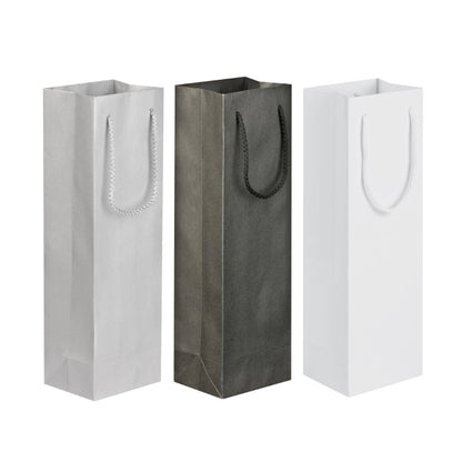 Three tall paper bags in gray, white, and black on a white background
