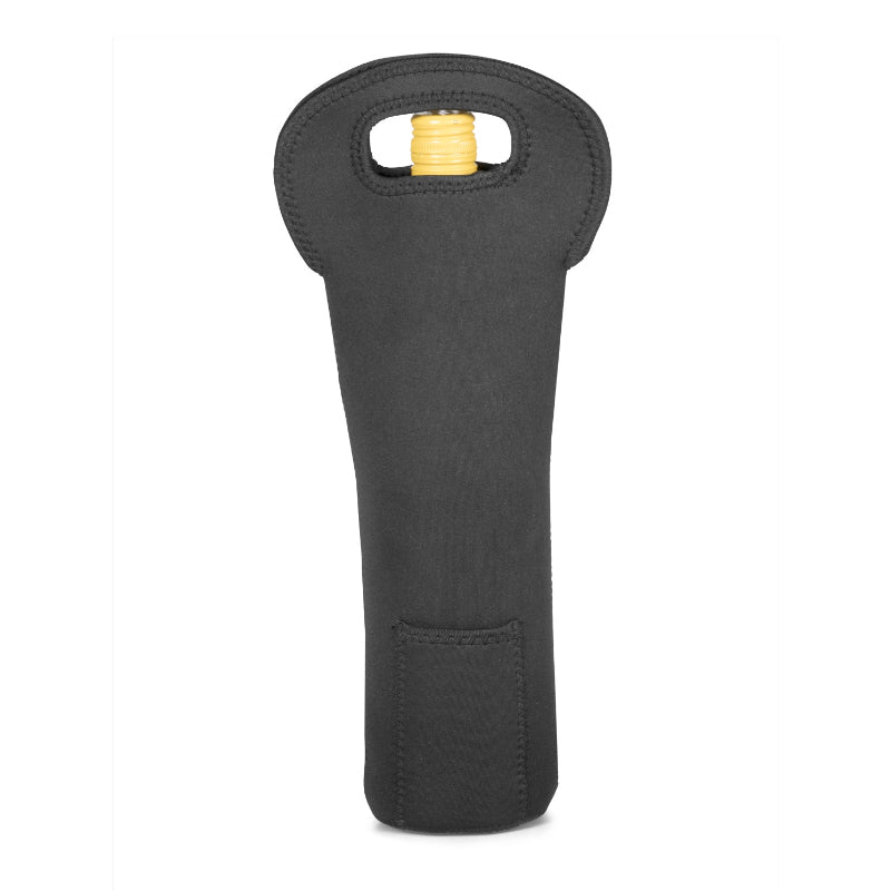 Black wine bottle holder with a bottle inside on a white background