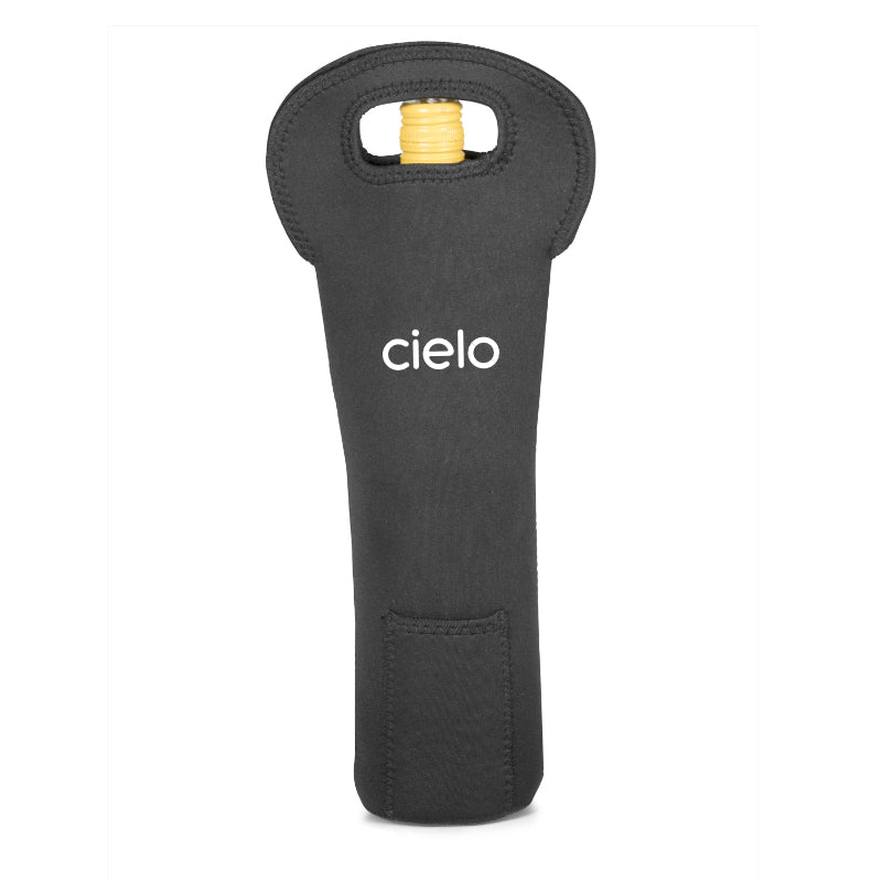 Black wine bottle holder with gold cap on a white background, featuring the brand 'cielo'.
