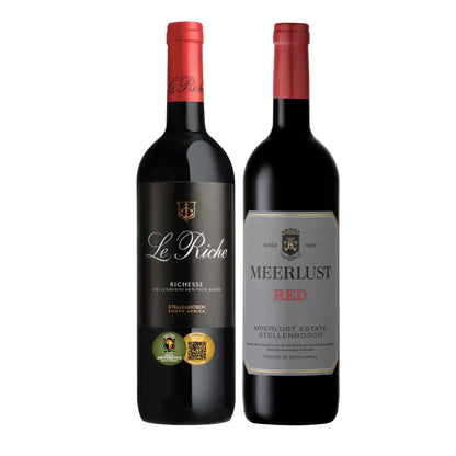 Two wine bottles, 'Le Riche' and 'Meerlust Red', on a white background
