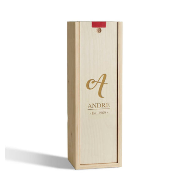 Wooden wine box with 'Andre' branding on a white background