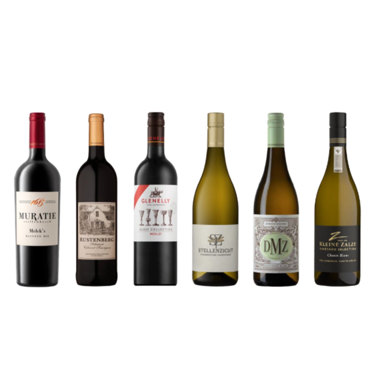 Collection of wine bottles from different brands on a white background