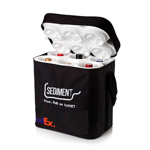 Black cooler bag with white interior containing bottles, branded 'Sediment' and 'FedEx'.