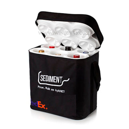 Black cooler bag with white interior containing bottles, branded 'Sediment' and 'FedEx'.