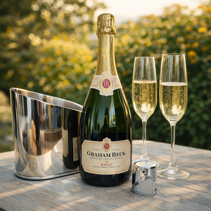 Bottle of Graham Beck sparkling wine with two glasses, a metal ice bucket and champagne stopper on a table outdoors.