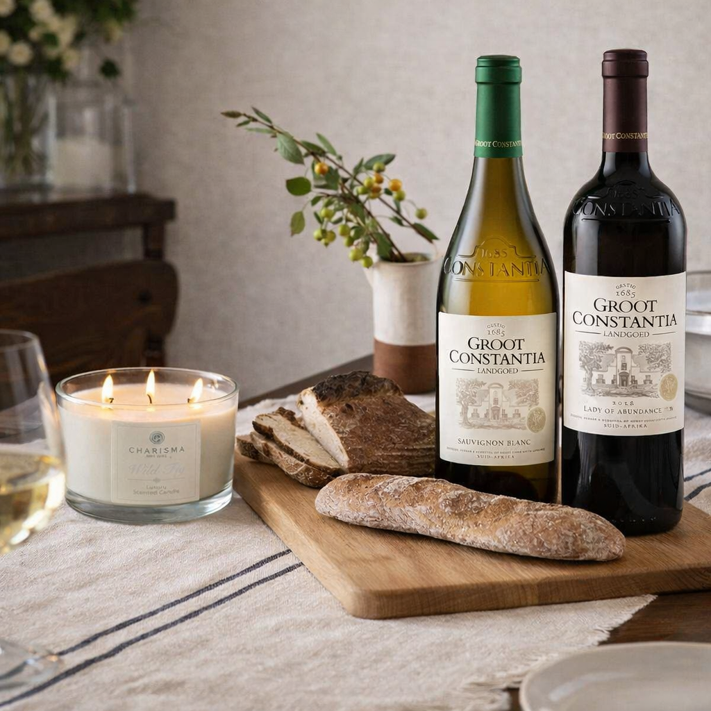Two bottles of Groot Constantia wine on a table with a luxury candle, tablecloth and oak cheeseboard.