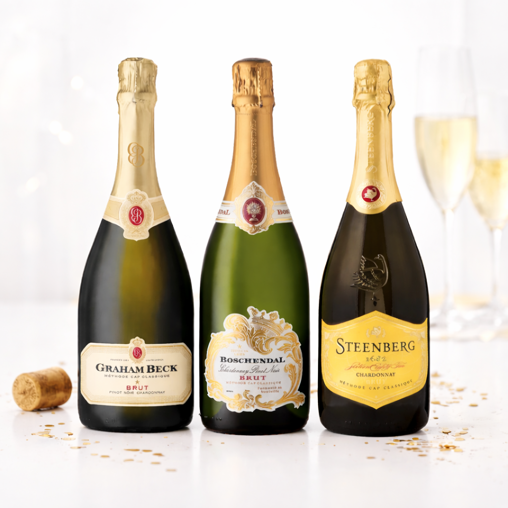 Three bottles of champagne from Graham Beck, Boschendal, and Steenberg on a white background.