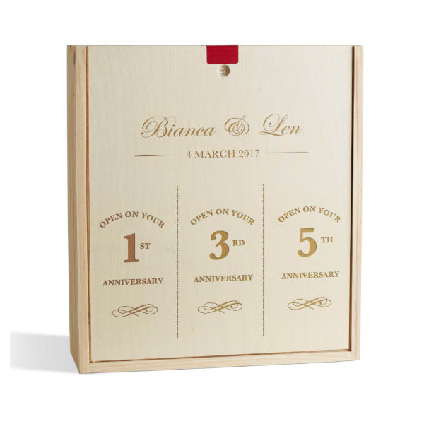 Personalized anniversary wine box with laser engraving suitable for three bottles.