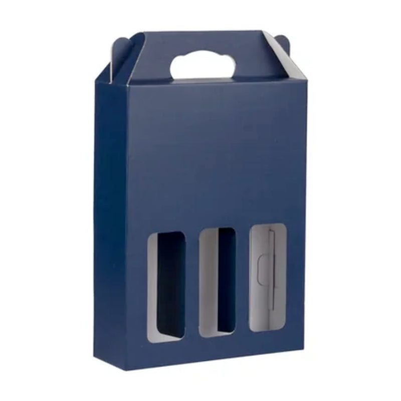 Blue cardboard wine box with cut-out handles on a white background