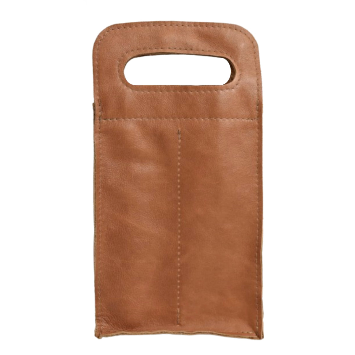 Brown leather two bottle wine bag on a white background.