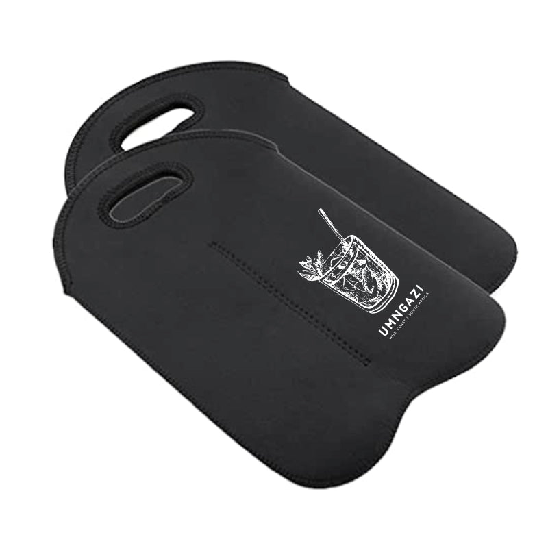 Two black neoprene wine bags with a logo and text printed on them on a white background