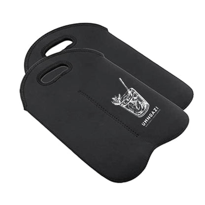 Two black neoprene wine bags with a logo and text printed on them on a white background