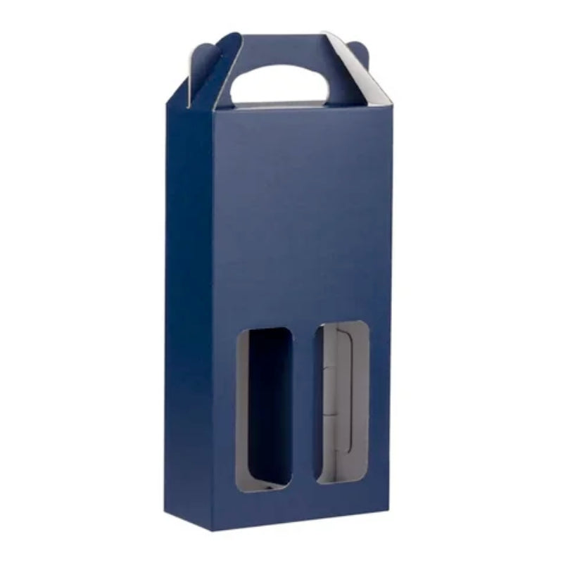 Blue cardboard bottle box with a clear window on a white background