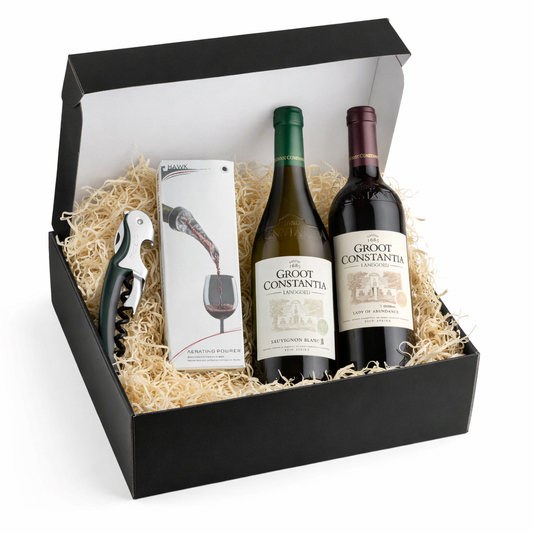 Gift set with two bottles of Groot Constantia wine, a corkscrew, and a aerating wine pourer in a black box.
